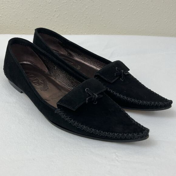 Tod's Jackie Suede Moc Pointed Flat Loafers Womens Size 5 Black Slip On - Picture 2 of 9